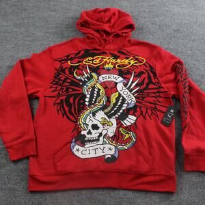 Ed Hardy Hoodie Mens Large Skull Tattoo Style Graphic Red Cherry Y2k Streetwear
